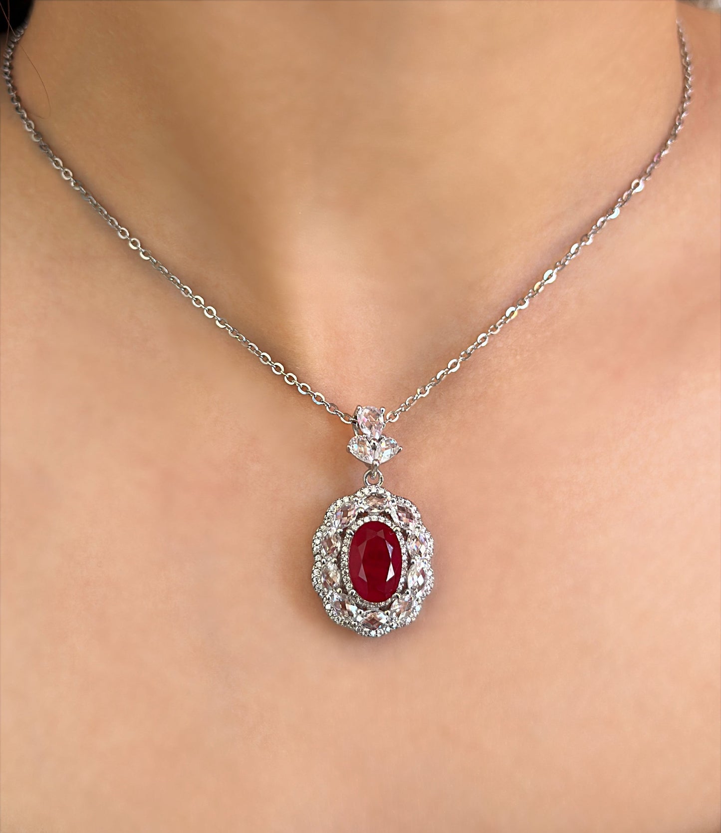 Ruby Zircon Halo Necklace