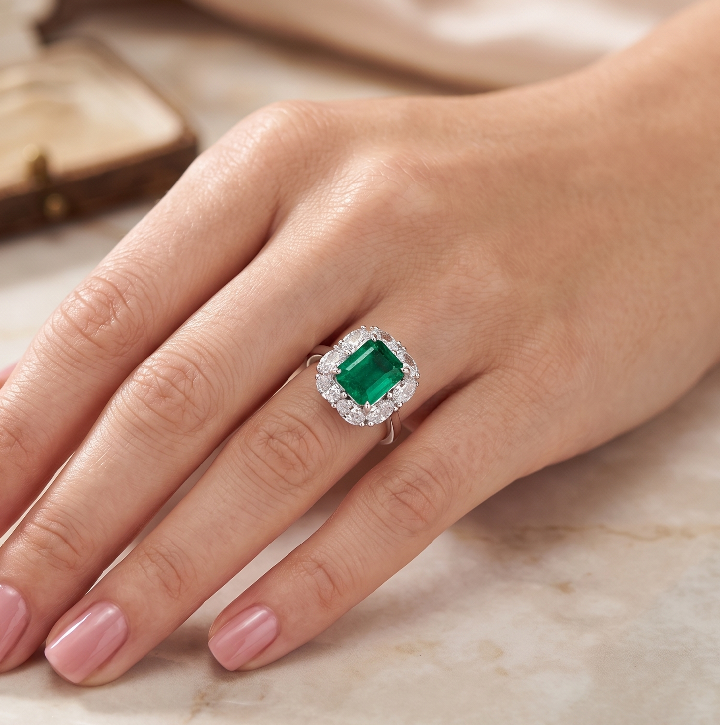 Emerald Halo Zircon Ring