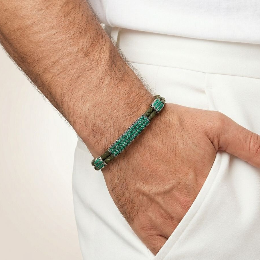 Olive Green Zircon Leather Bracelet